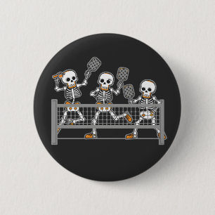 Funny Spooky Three Skeleton Playin Pickleball Gesc Button