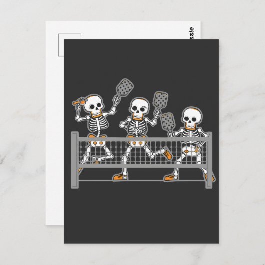 Funny Spooky Three Skeleton Playin Pickleball Gesc Postkarte (Vorne/Hinten)