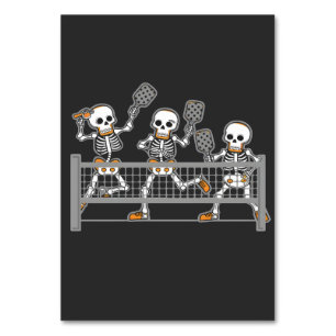 Funny Spooky Three Skeleton Playin Pickleball Gesc Tischnummer