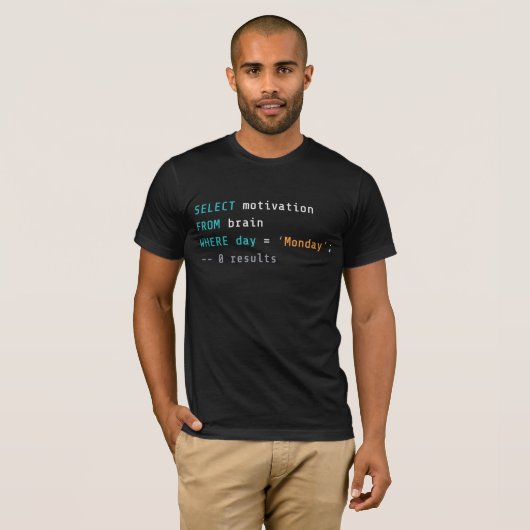 Funny SQL Monday Motivation Programmer Joke T-Shirt (Vorne ganz)
