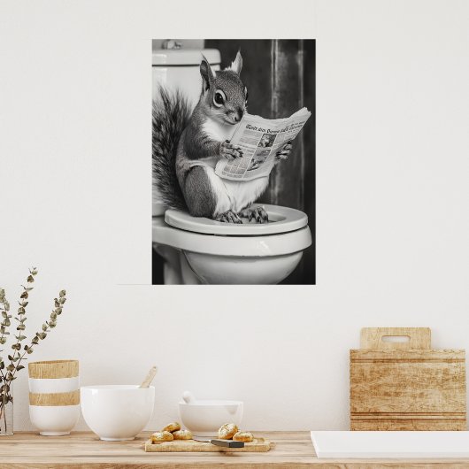 Funny Squirrel Bathroom Print, Reading Newspaper Poster (Küche)
