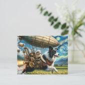 Funny Steampunk Border Collie with Sheep and Blimp Postkarte (Stehend Vorderseite)
