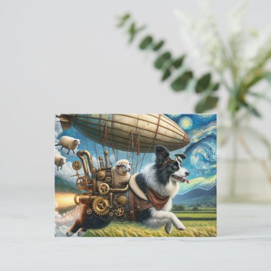 Funny Steampunk Border Collie with Sheep and Blimp Postkarte (Stehend Vorderseite)