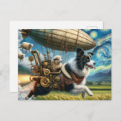 Funny Steampunk Border Collie with Sheep and Blimp Postkarte (Vorne/Hinten)