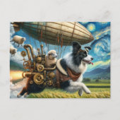 Funny Steampunk Border Collie with Sheep and Blimp Postkarte (Vorderseite)