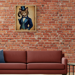 Funny Steampunk Cat In Blue Jacket Poster