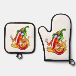 Funny Stolz Feuerwehrmann Chili on Fire gibt Thumb Ofenhandschuh & Topflappen-Set