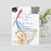 Funny Stork Baby Shower Einladung mit QR Code (Stehend Vorderseite)