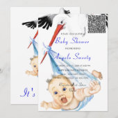 Funny Stork Baby Shower Einladung mit QR Code (Vorne/Hinten)