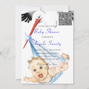 Funny Stork Baby Shower Einladung mit QR Code
