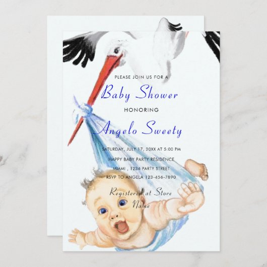 Funny Stork Carry Baby Boy Dusche Einladung (Vorne/Hinten)