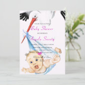Funny Stork Carry Baby Girl Shower Einladung (Stehend Vorderseite)