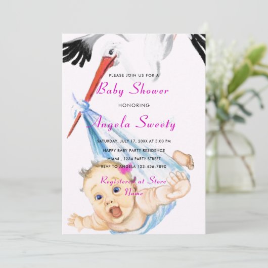 Funny Stork Carry Baby Girl Shower Einladung (Stehend Vorderseite)
