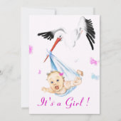 Funny Stork Carry Baby Girl Shower Einladung (Rückseite)