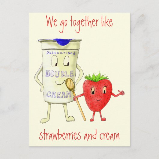 Funny Strawberry & Cream Quirky Cartoon Liebe Art Postkarte (Vorderseite)