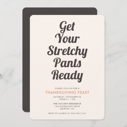 Funny Stretchy Pants Brown Erntedank Dinner Einladung (Vorne/Hinten)