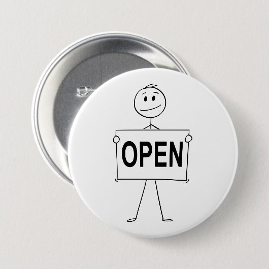 Funny Strichmännchen Holding Open Sign Button (Vorne & Hinten)