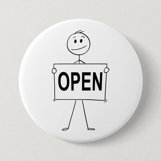 Funny Strichmännchen Holding Open Sign Button (Vorderseite)