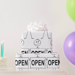 Funny Strichmännchen Holding Open Sign Geschenkpapier