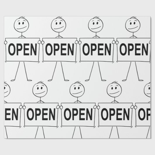 Funny Strichmännchen Holding Open Sign Geschenkpapier (Flach)
