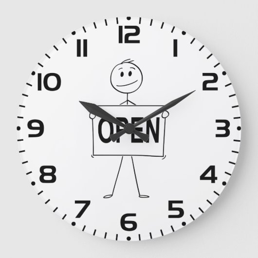 Funny Strichmännchen Holding Open Sign Große Wanduhr (Vorderseite)