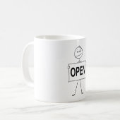 Funny Strichmännchen Holding Open Sign Kaffeetasse (Vorderseite Links)
