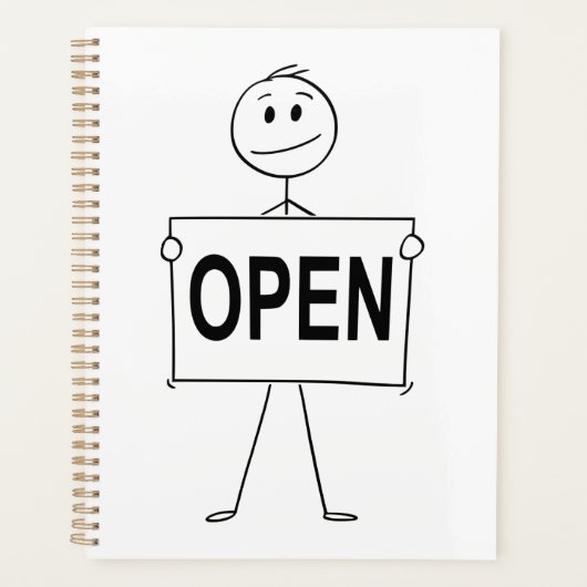 Funny Strichmännchen Holding Open Sign Planer (Vorderseite)