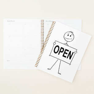 Funny Strichmännchen Holding Open Sign Planer