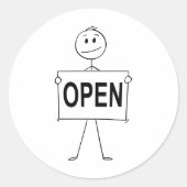 Funny Strichmännchen Holding Open Sign Runder Aufkleber (Vorderseite)