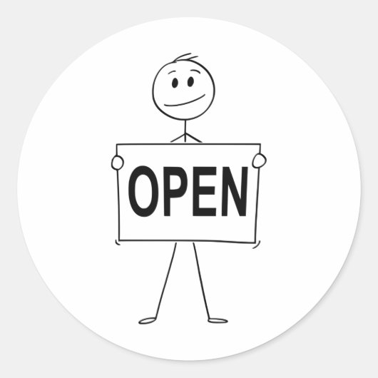 Funny Strichmännchen Holding Open Sign Runder Aufkleber (Vorderseite)