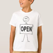 Funny Strichmännchen Holding Open Sign T-Shirt (Vorderseite)