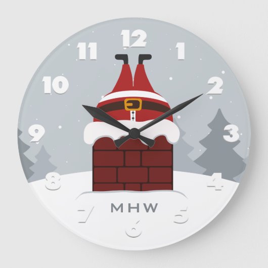 Funny Stuck Santa benutzerdefinierte Monogramm Wan Große Wanduhr (Vorderseite)