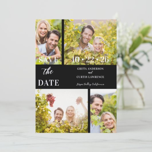 Funny & Stylish Unmatched 4 Multi Photos Wedding Save The Date (Stehend Vorderseite)
