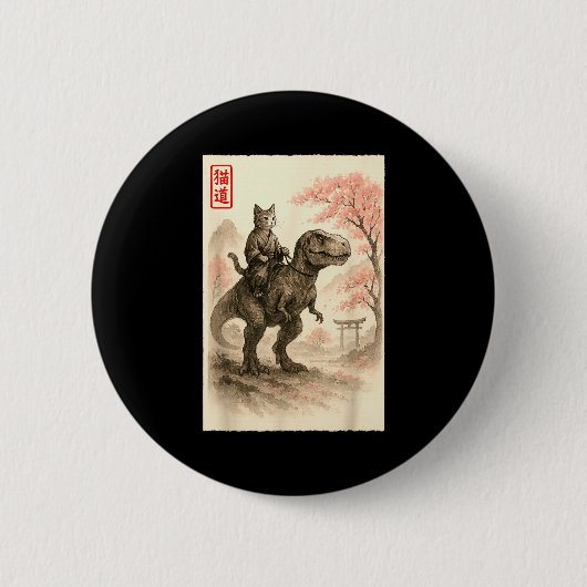 Funny Sumi-e Kawaii Cat Riding Dinosaur Japanese A Button (Vorderseite)