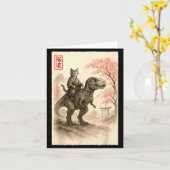 Funny Sumi-e Kawaii Cat Riding Dinosaur Japanese A Karte (Gelbe Blume)