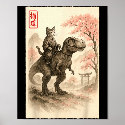 Funny Sumi-e Kawaii Cat Riding Dinosaur Japanese A Poster (Vorne)