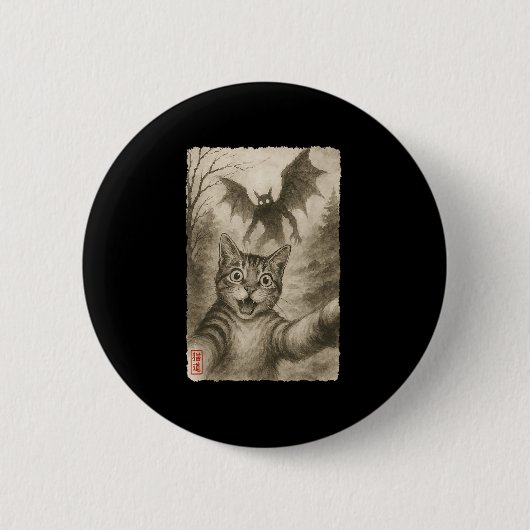 Funny Sumi-e Kawaii überrascht skared Cat Selfie W Button (Vorderseite)
