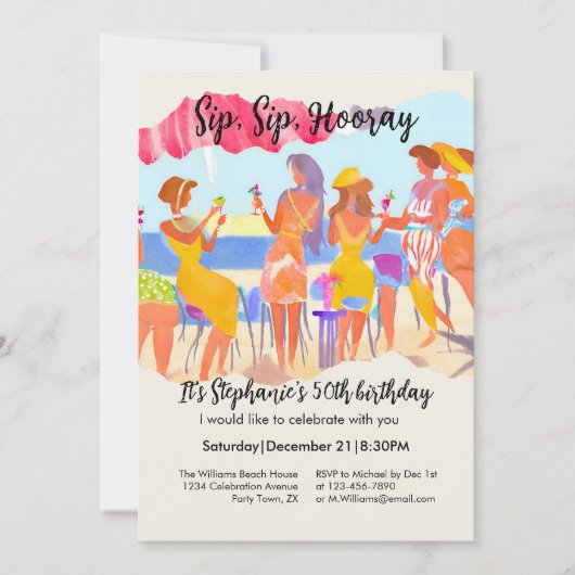 Funny Summer Beach Cocktail Frauen's 50. Geburtsta Einladung (Vorderseite)