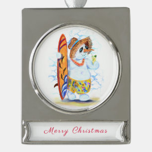 Funny Summer Snowman Surfer Drinks Frische Cocktai Banner-Ornament Silber