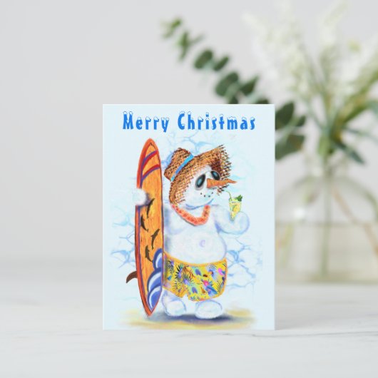 Funny Summer Snowman Surfer Drinks Frische Cocktai Postkarte (Stehend Vorderseite)