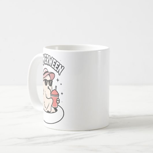 Funny Summerween Ghost Pink schweben in Flamingo C Kaffeetasse (Vorderseite Links)