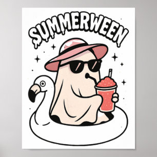 Funny Summerween Ghost Pink schweben in Flamingo C Poster