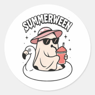 Funny Summerween Ghost Pink schweben in Flamingo C Runder Aufkleber