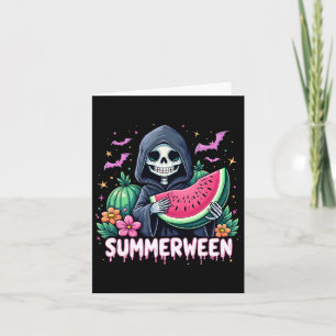 Funny Summerween Skeleton Watermelon Halloween Art Karte