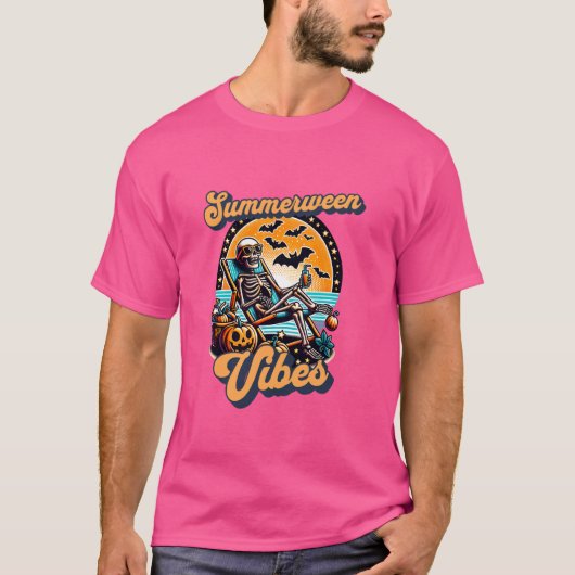 Funny Summerween Vibes Summer Skeleton Beach Chill T-Shirt (Vorderseite)