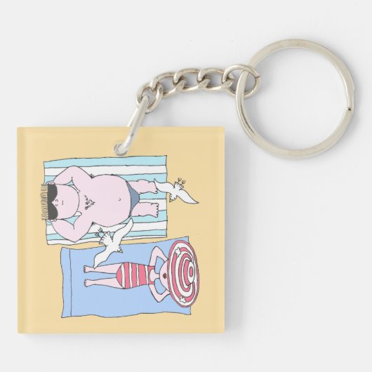 Funny Sunbaden Couple Cartoon Seaside Art Schlüsselanhänger (Rückseite)