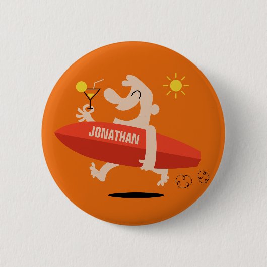 Funny Surfer mit Cocktail individuelle Name Tasten Button (Vorderseite)