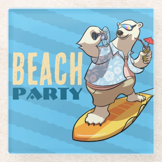 Funny Surfing Polar Bear Beach Party Cartoon Glasuntersetzer (Vorderseite)