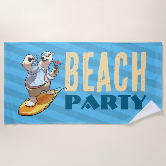 Funny Surfing Polar Bear Beach Party Cartoon Strandtuch (Vorderseite)