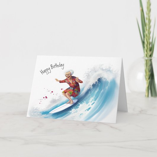 Funny Surfing the Ocean Wave Granny Joke Birthday Karte (Vorderseite)